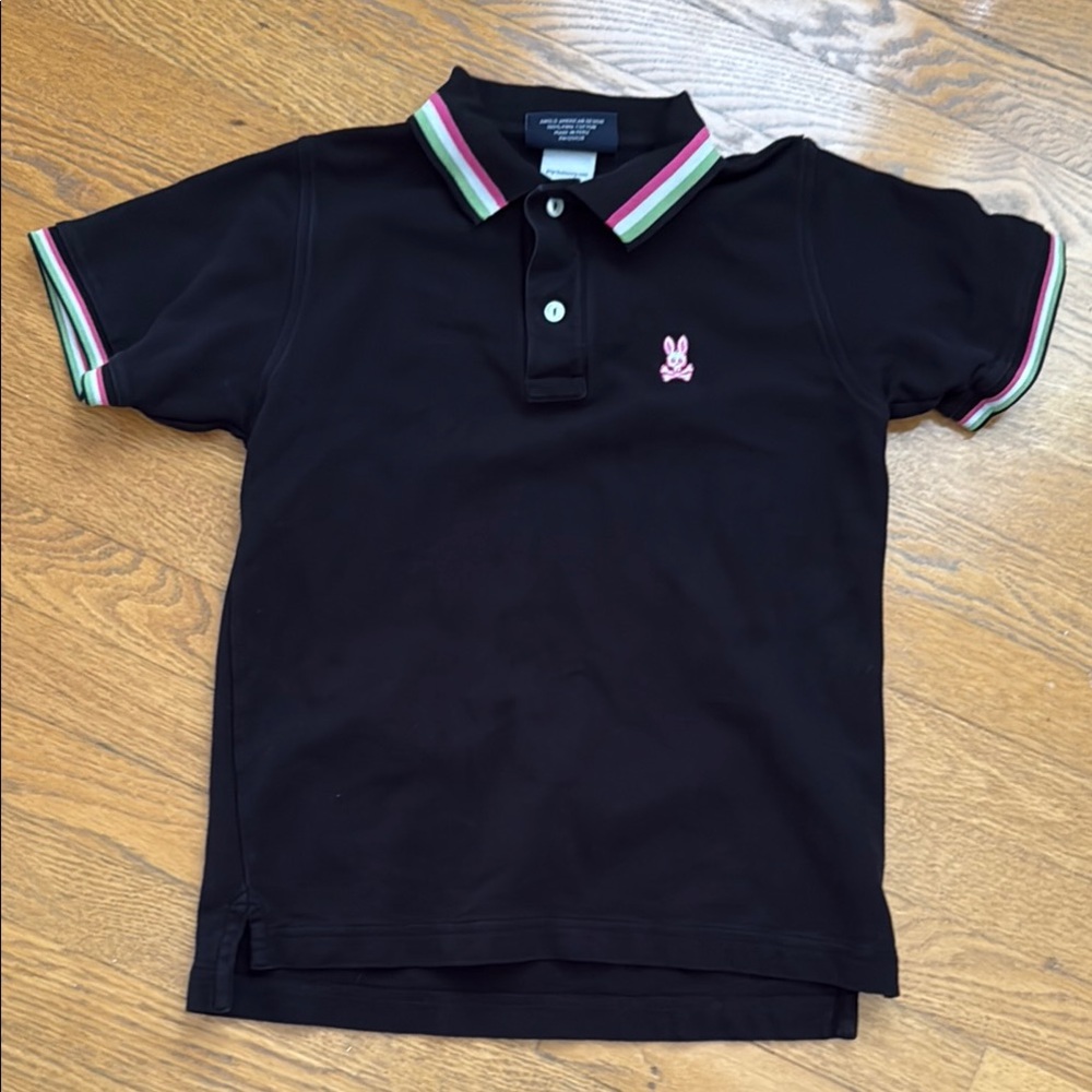 Black Psycho Bunny Polo Shirt with Pink Logo YL